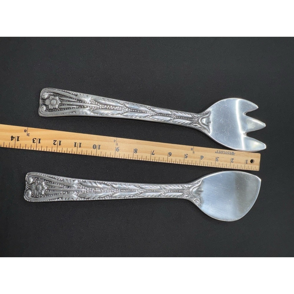 Vintage Wilton Armetale Large Salad Serving Utensils Fork & Spoon Tulip Pattern - Picture 7 of 8